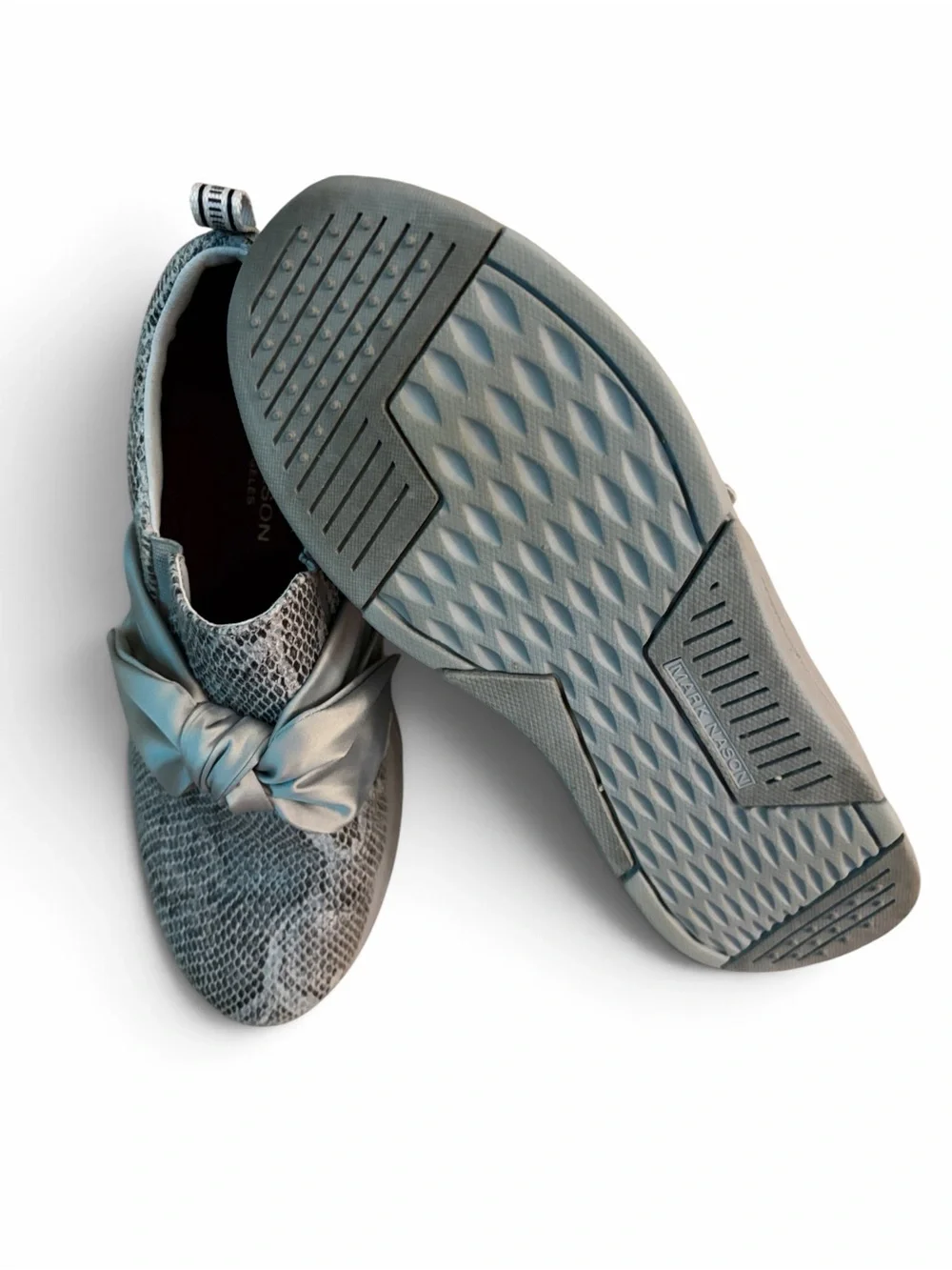 Mark Nason Women's Light Blue Snake-Print Slip-On Sneakers with Satin Knot